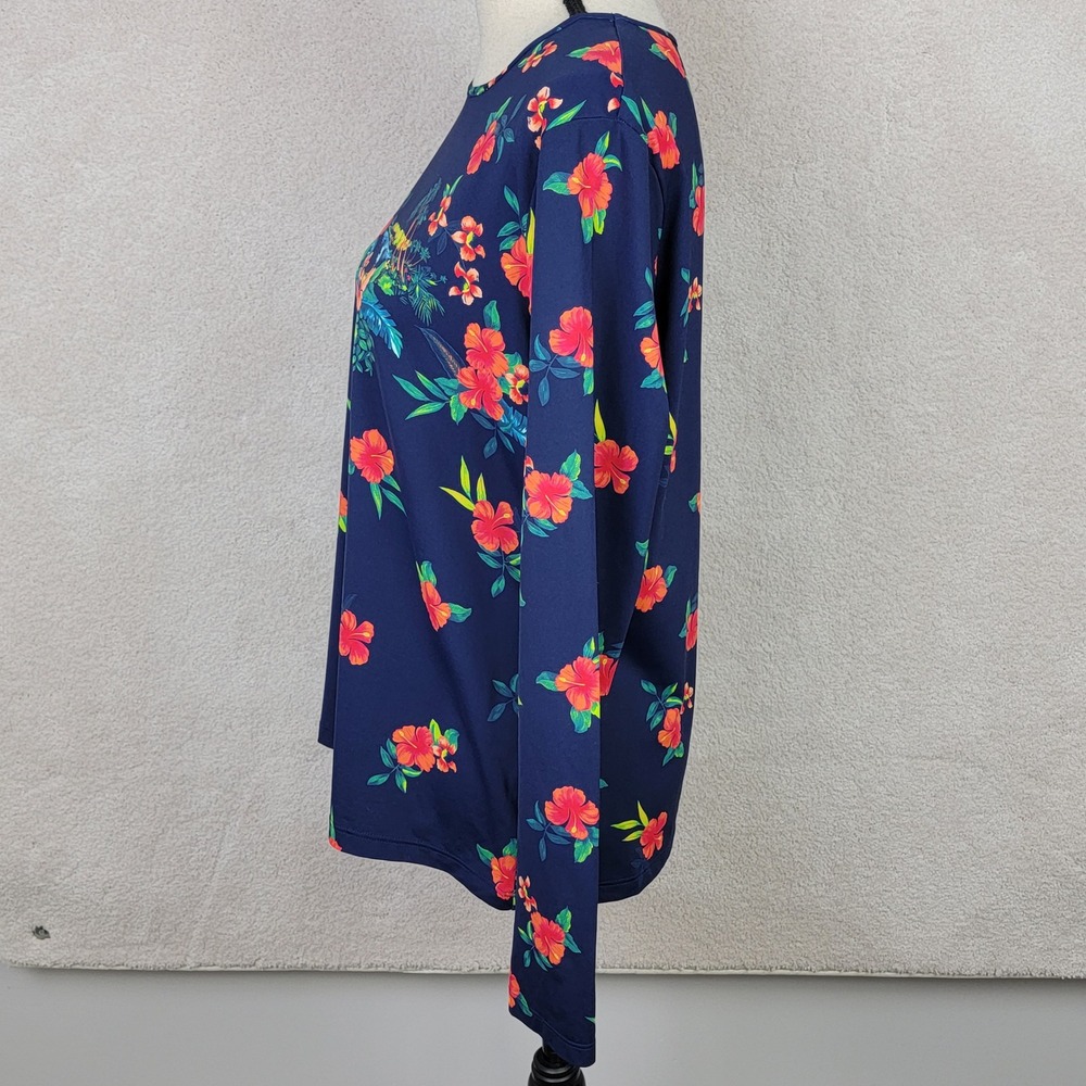 Lands' End Women's L 14-16 Navy Blue Tropical Hibiscus UPF 50+ Rash Guard Top - Picture 6 of 11
